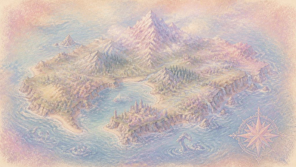 a map of an island realm with mountains, forests, a sheltered bay, sea monsters in the water and a compass rose, no text labels