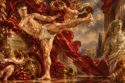 a painting of a man doing a split kick