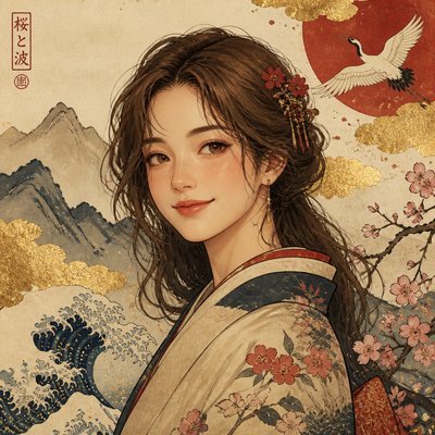 head-and-shoulders portrait of an original character: a young woman with wavy chestnut hair and a warm smile, plain soft backdrop