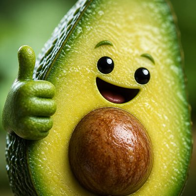 a happy avocado character giving a thumbs up, bold readable design on a plain background, no text