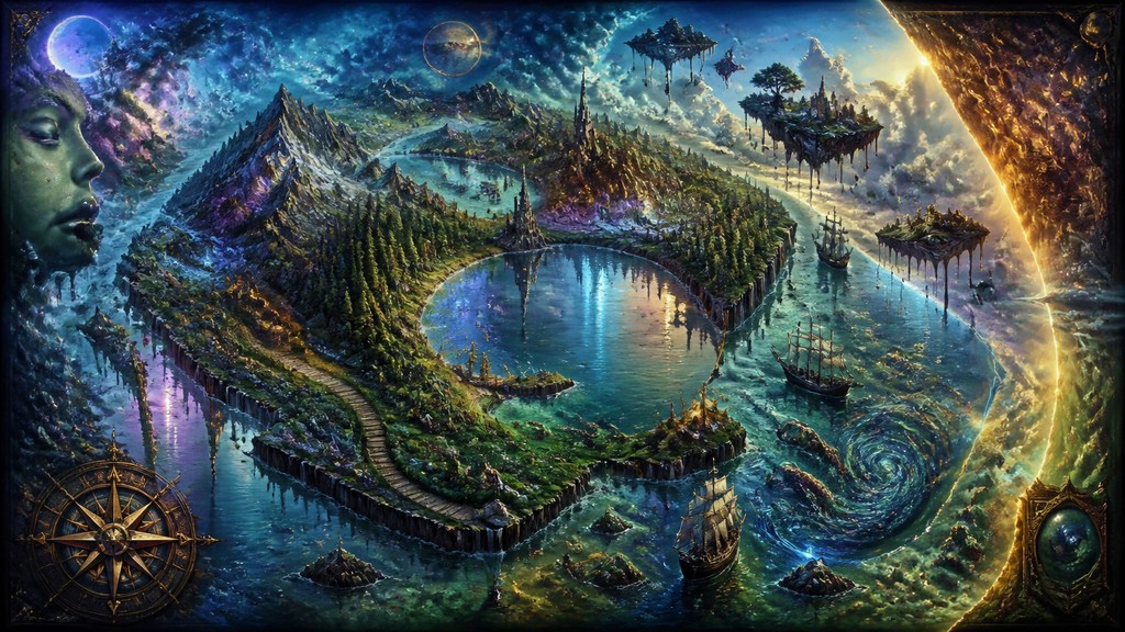a map of an island realm with mountains, forests, a sheltered bay, sea monsters in the water and a compass rose, no text labels