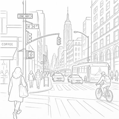 urban street with city activity — Contour Line Drawing Style