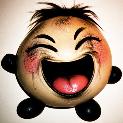 an exaggerated laughing face of an original round mascot character, bold and readable at small size, plain background, no text