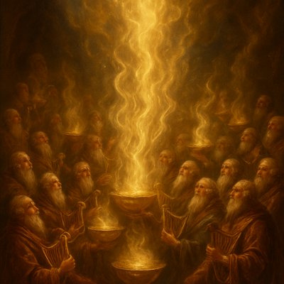 A majestic, ethereal scene depicting golden bowls brimming with luminous, swirling incense. The incense, representing the collective prayers of all saints, rises and coalesces into shimmering, golden tendrils that ascend towards an unseen heavenly throne.There are 24 golden bowls of incense. Each bowl is held by a robed elder, holding harps, in worship. The atmosphere is reverent and awe-inspiring, filled with soft, warm light emanating from the golden smoke. Emphasize the precious, divine, and unified nature of the prayers. Inspired by Revelation 5:8