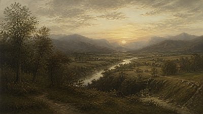 a vast valley with a river winding toward distant mountains at sunrise, no people, no text