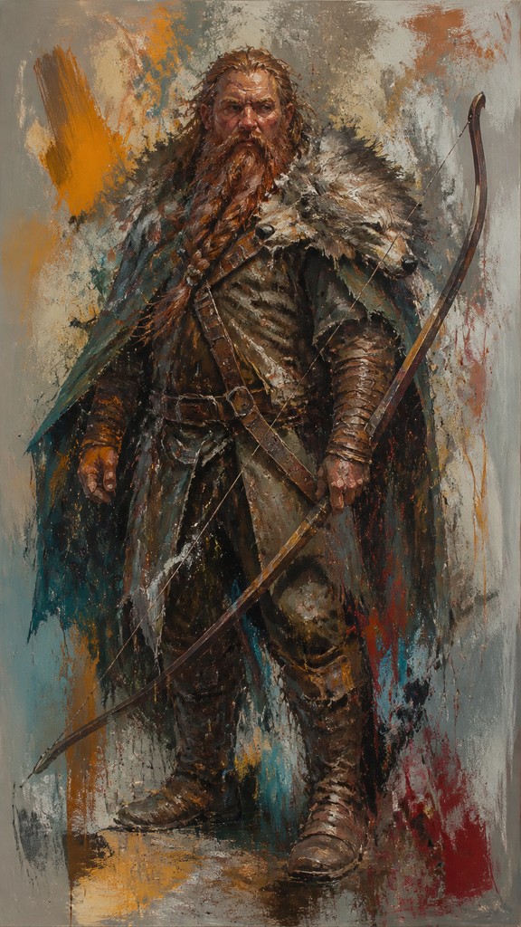 full-body original character: a dwarven ranger with a braided auburn beard, worn leather armor, a longbow and a wolf-pelt cloak, neutral background, no text