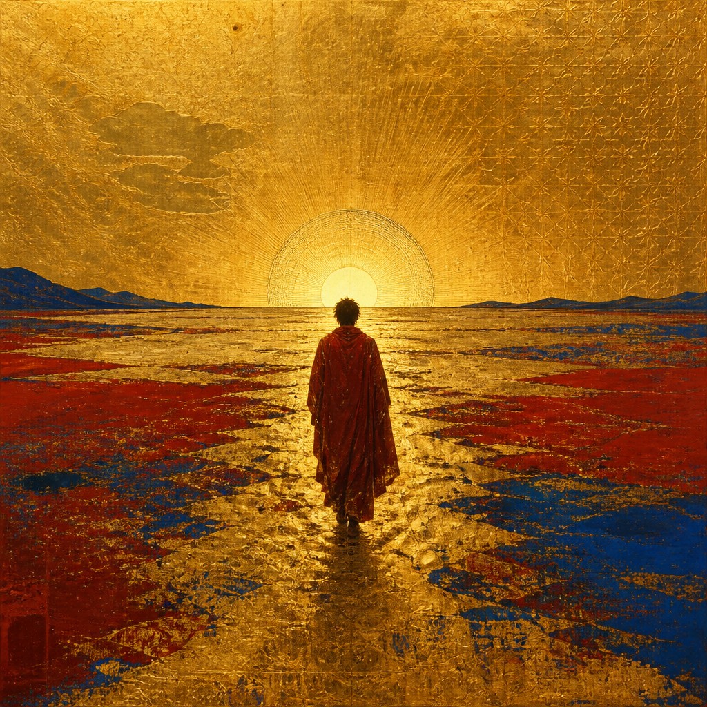 a solitary figure walking toward a glowing horizon across an empty plain, moody atmosphere, no text or lettering