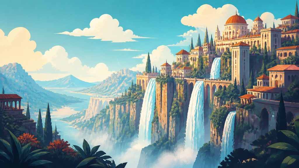 a cliffside city with waterfalls cascading into a misty canyon, wide establishing shot, no people, no text
