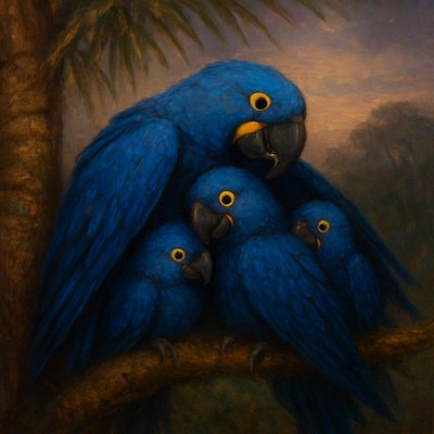 Oil Painting Art Style, a tender and protective scene featuring a small, close-knit flock of magnificent Blue Hyacinth Macaws gathering for roosting at dusk. On a sturdy branch of a tall palm tree within an open woodland, a mother Hyacinth Macaw is prominently depicted, gently extending a wing to cover a smaller, younger macaw nestled securely beneath her. The macaws, with their incredibly vibrant, deep blue plumage and striking yellow eye rings, are nestled closely together, their bodies positioned to evoke a powerful sense of being 'covered' and finding 'refuge' under a protective wing. The soft, fading twilight glow illuminates their feathers with a deep, iridescent sheen and casts gentle, lengthening shadows. The surrounding natural environment is rendered in muted, dusky tones of green and purple, creating a tranquil atmosphere of safety and secure communal rest. Focus on the exquisite detail of the macaws' feathers and tender facial expressions, particularly the mother and young, the profound warmth and security of their huddle, and the peaceful, protective mood inspired by their collective refuge.
