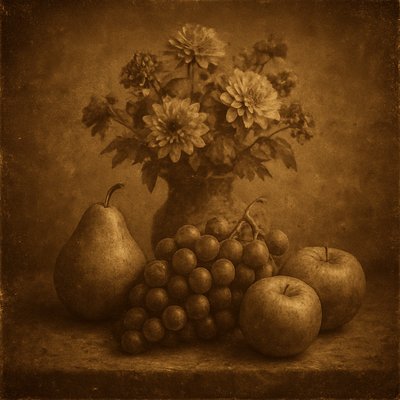 still life arrangement of fruits and flowers