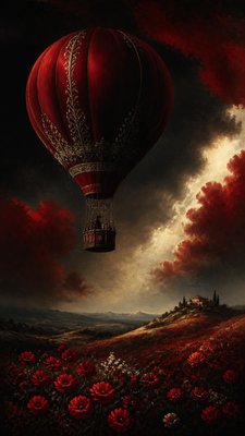 a hot air balloon drifting over rolling flower fields on a sunny day, cheerful, no text