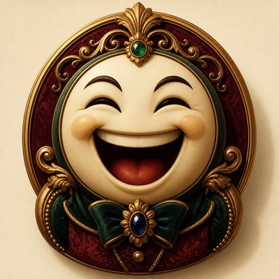 an exaggerated laughing face of an original round mascot character, bold and readable at small size, plain background, no text
