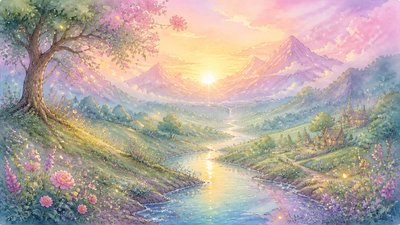 a vast valley with a river winding toward distant mountains at sunrise, no people, no text