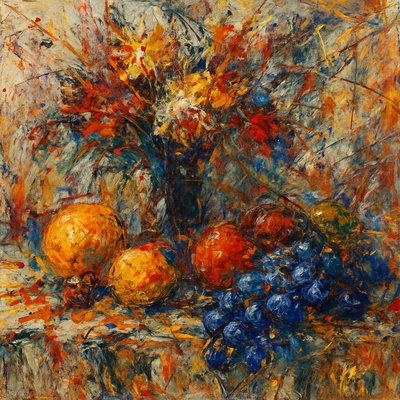 still life arrangement of fruits and flowers