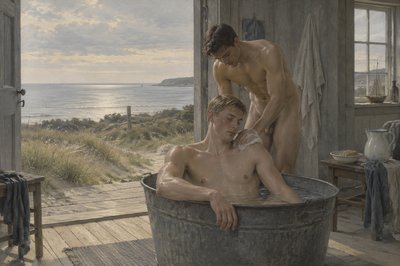 danish seacoast scene ignudi athlete washing another athlete sitting in a tub  