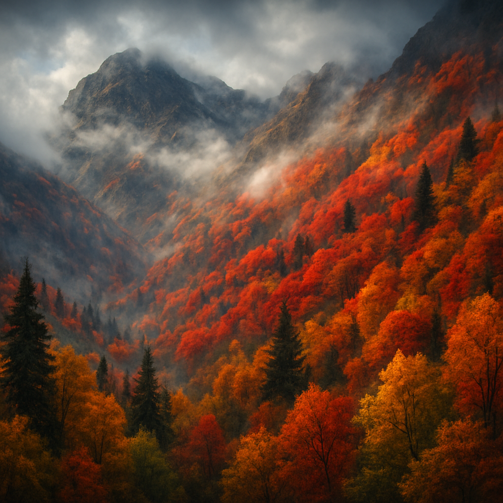 A breathtaking and intensely dramatic cinematic landscape photograph based on the provided image of a mountain valley. The scene captures a majestic mountainside vibrant with dramatized autumn foliage, showcasing an explosion of rich, saturated reds, fiery oranges, and brilliant golds across the slopes. Interspersed among the deciduous trees are towering dark green evergreens, providing a striking contrast against the warm fall colors.

Wisps of ethereal mist or low-hanging clouds cling to the upper reaches and valleys of the mountain, adding depth and a sense of mystique. The sky above, partially visible, shows patches of dramatic, cloud-dappled blue peeking through, hinting at a powerful natural setting. The foreground features a mix of vibrant green and gold trees, framing the grand scale of the mountain.

The image uses vibrant color grading and dramatic contrast to enhance the luminosity and intensity of the fall colors, making them truly pop. The lighting is rich and moody, highlighting textures on the rocky cliffs and the varied foliage. The overall mood is one of awe-inspiring natural beauty, epic scale, and profound autumnal splendor, rendered with the high visual impact of a cinematic scene."