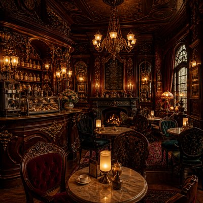 cozy cafe interior with warm lighting