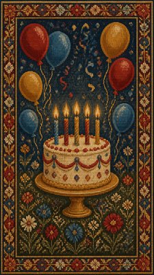 a birthday cake with lit candles surrounded by balloons and confetti, festive vertical composition, no text