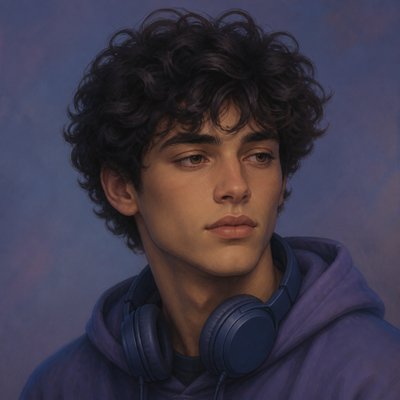 head-and-shoulders portrait of an original character: a young man with curly dark hair and headphones around his neck, plain backdrop, no text