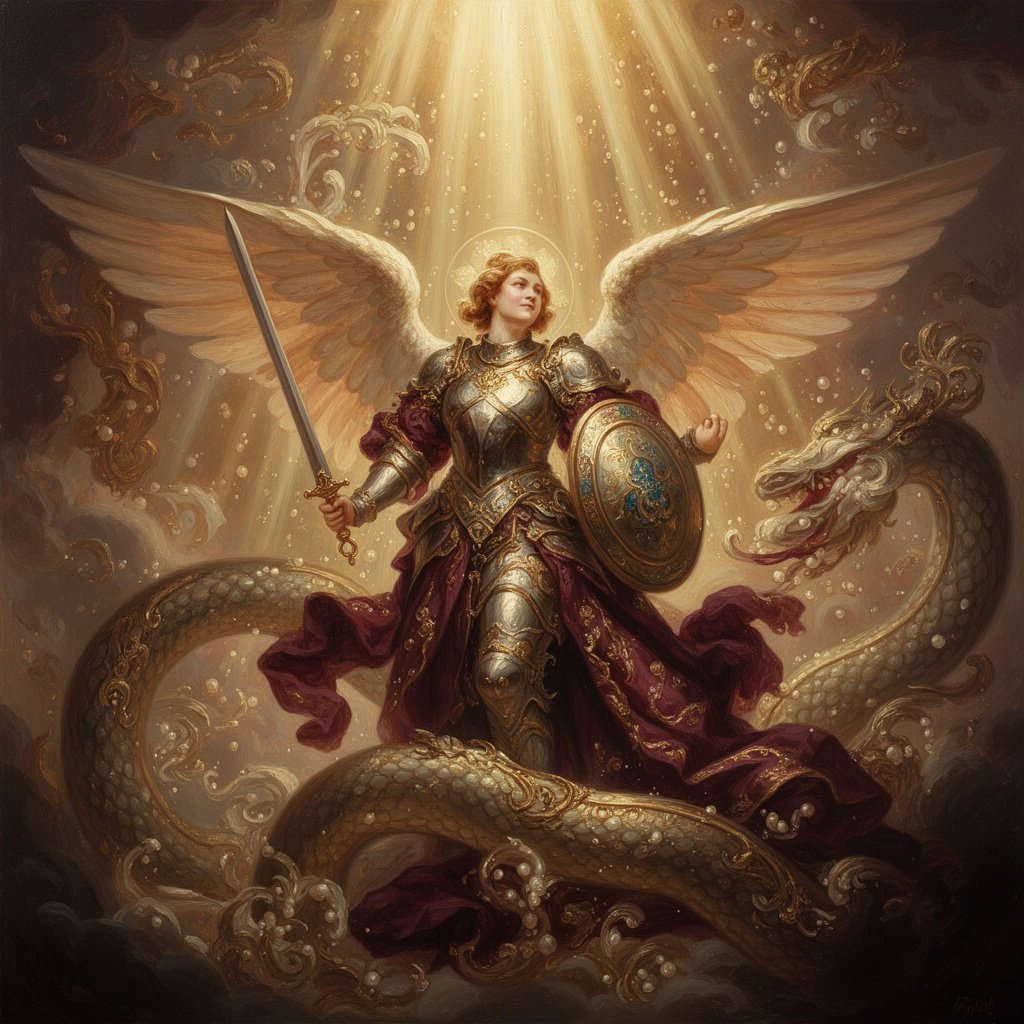 An Angel of God standing with full armor, sword, and shield, with massive wings, in front of a great serpent