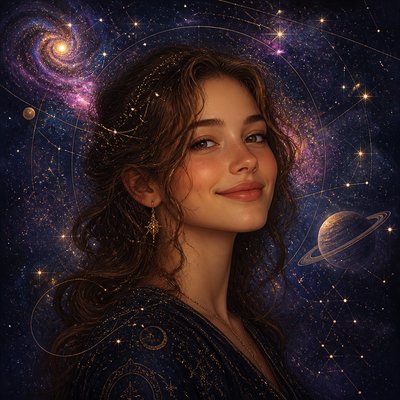 head-and-shoulders portrait of an original character: a young woman with wavy chestnut hair and a warm smile, plain soft backdrop