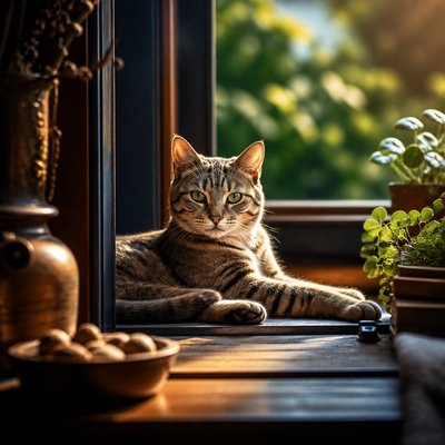 a cat lounging in a sunlit window
