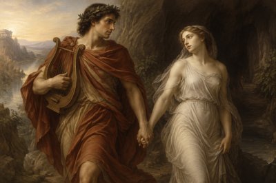 Orpheus holding his harp and holding the hand of Erydike
