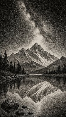 a tranquil mountain lake beneath a starry night sky, no people, no text