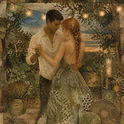 an original couple dancing under string lights in a garden at dusk: a man with short black hair in a linen shirt and a woman with braided red hair in a summer dress