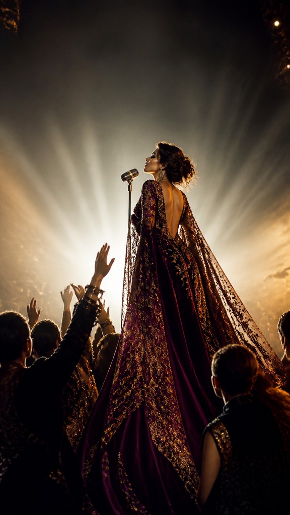 a live music scene with a glowing stage and silhouetted crowd, energetic vertical composition with open space at the top, no text