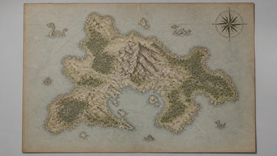 a map of an island realm with mountains, forests, a sheltered bay, sea monsters in the water and a compass rose, no text labels