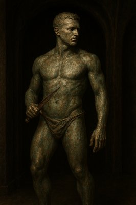 a painting of a man with a knife in his hand