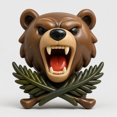 a roaring bear head above crossed pine branches, bold graphic composition on a plain background, no text