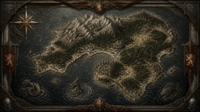 a map of an island realm with mountains, forests, a sheltered bay, sea monsters in the water and a compass rose, no text labels