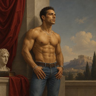 a painting of a man standing next to a statue
