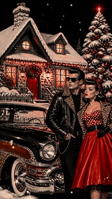 a snow-covered cottage with warm glowing windows beside a decorated pine tree, gentle snowfall, no text