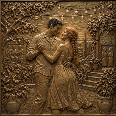 an original couple dancing under string lights in a garden at dusk: a man with short black hair in a linen shirt and a woman with braided red hair in a summer dress