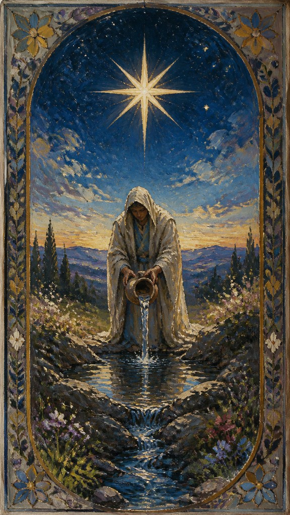 a robed figure pouring water beneath a large eight-pointed star in a night sky, symmetrical composition with an ornate decorative border, no text