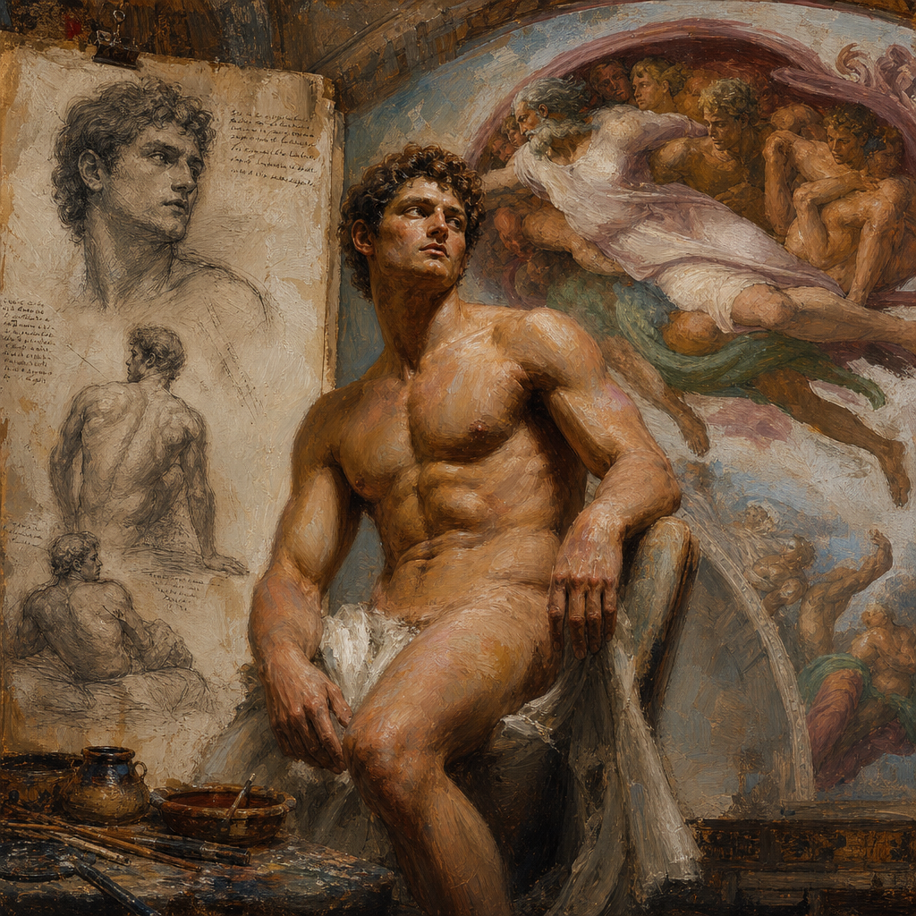 Michelangelo studio model and sketch for athlete on painting Sistine Chapel ceiling
