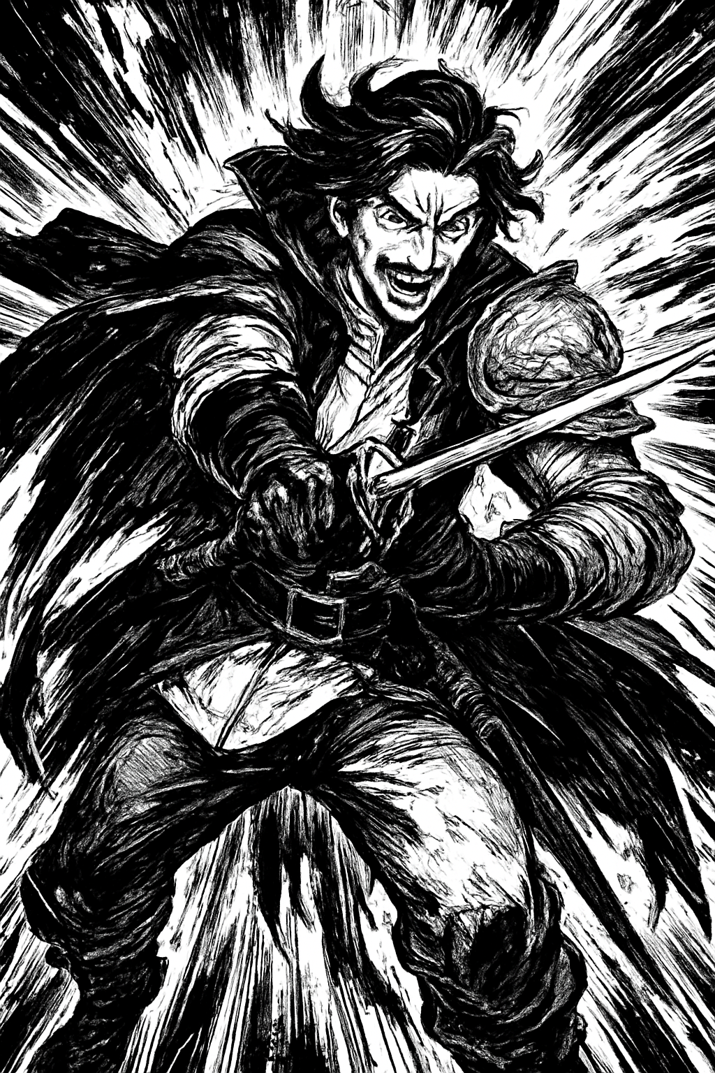 a black and white drawing of a man with a sword