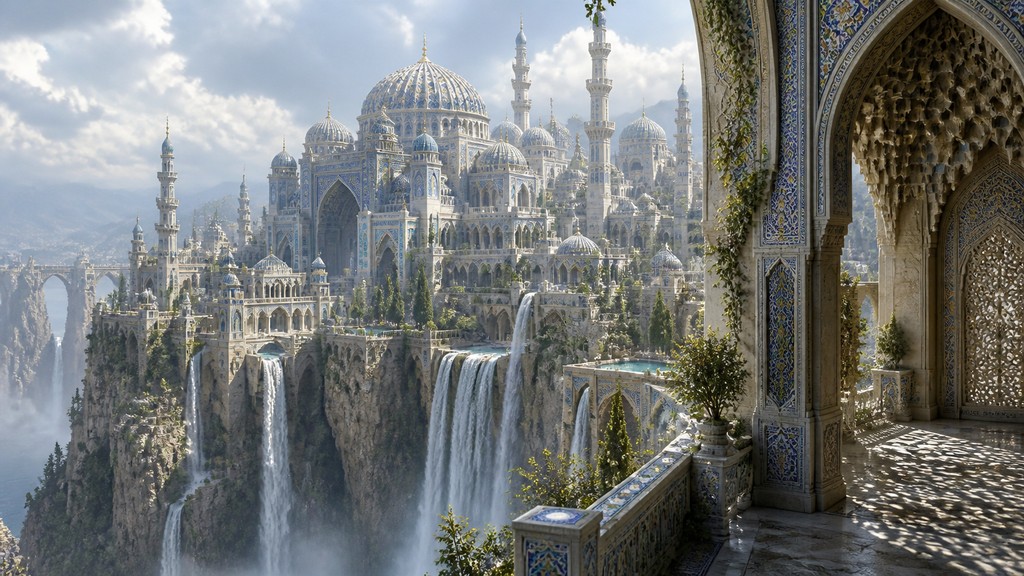 a cliffside city with waterfalls cascading into a misty canyon, wide establishing shot, no people, no text