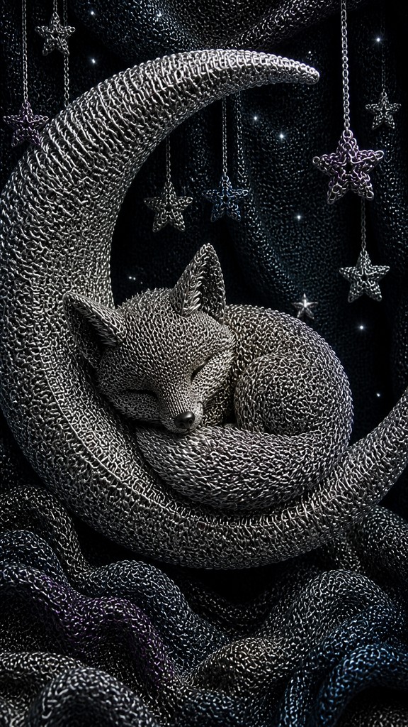 a sleeping baby fox curled on a crescent moon among soft stars, gentle and warm, no text
