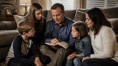 father holding an open Bible explains a passage while wife and children of different ages are gathered around him 