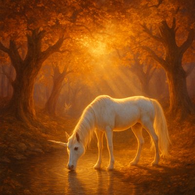 Pure white unicorn with spiraling pearl horn drinking from a crystal-clear forest pool, surrounded by ancient oaks with golden autumn leaves, soft god-rays filtering through canopy, delicate fairy figures in the distance, romantic Hildebrandt brothers style, luminous and ethereal, highly detailed fantasy oil painting, warm color palette 