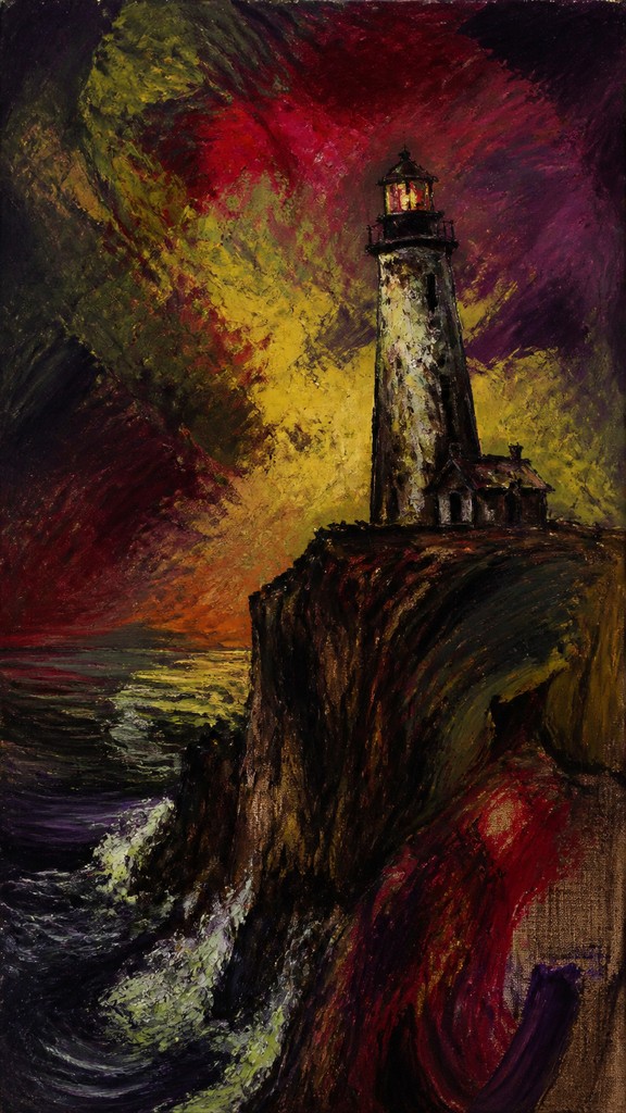 a lone lighthouse on a cliff at dusk under a dramatic sky, no text or lettering