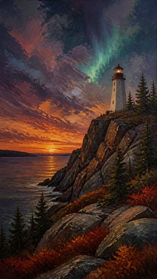 a lone lighthouse on a cliff at dusk under a dramatic sky, no text or lettering