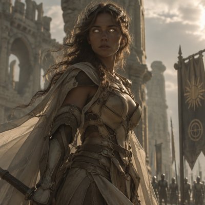 Je veux que tu me fasses une hyper realiste guerriere, tres modern avec une armure moderne genre full beige metal foncé sombre et voile entissue transparent beige blanc  mais juste un peu si besoin mais elle une armure beige , le voile c’est juste histoire de rajouter du tissu et des cheveux ondulés brun clair et elle a des yeux blanc brillant, on dirait presque une deesse de la greece ancien avec l’ethnie, un corp realiste et un visage realiste ne me fait pas un truc idéalise