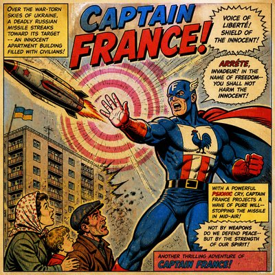 A superhero named Captain France who stops a Russian missile that was about to strike an apartment building in Ukraine. He possesses psionic powers (manifested through his voice).
