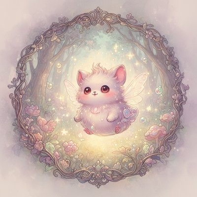 Create an adorable fantasy creature—small, round, and magical—with big expressive eyes, soft glowing fur, tiny wings, and playful energy. Pastel colors, gentle lighting, whimsical forest setting, highly detailed and irresistibly cute