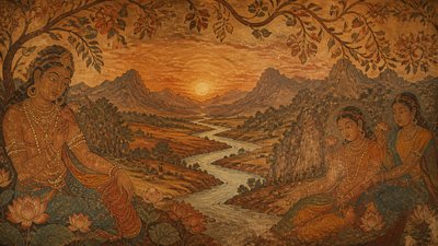 a vast valley with a river winding toward distant mountains at sunrise, no people, no text